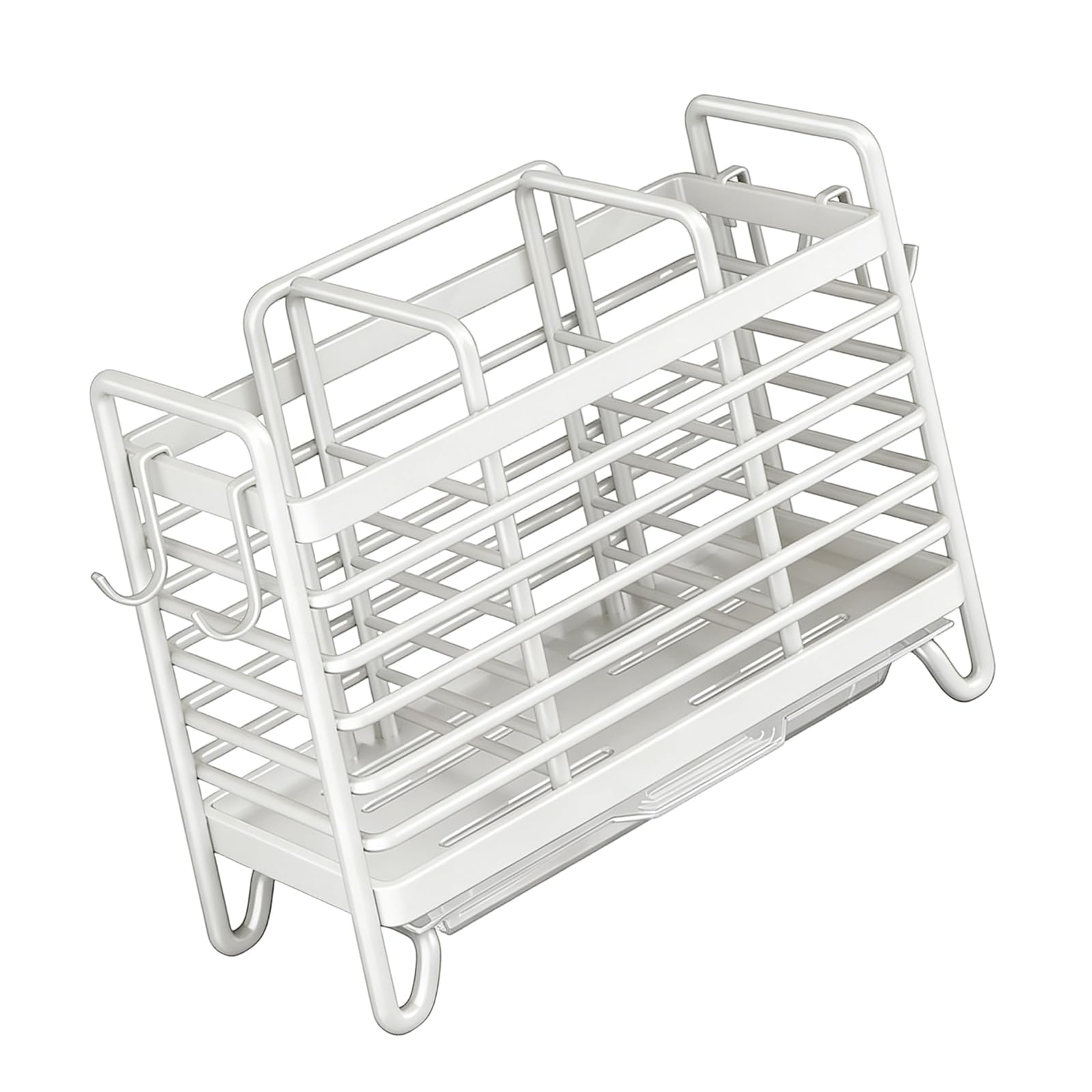 Cutlery Holder - Kitchen Organizer - Cutlery Tray - Countertop Organizer - Utensil Holder - Cutlery Rack - Cutlery Drainer - Spoon Holder - Drying Rack - Kitchen Accessories - With Drip Tray and Hooks - Metal - White - 1 Piece - Image 3