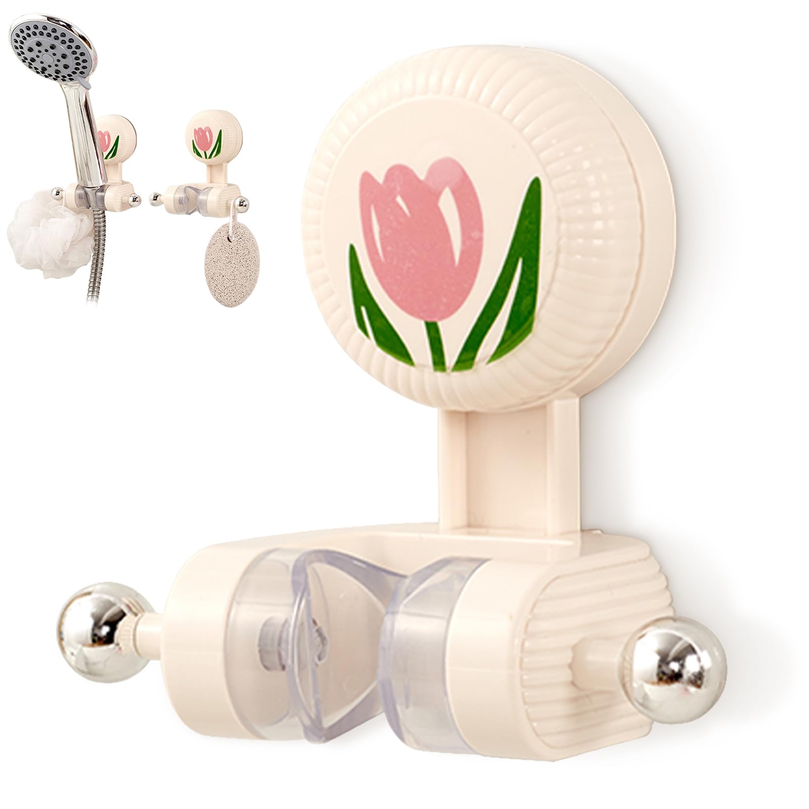 Shower Head Holder - Shower Head Holder - Hand Shower Holder - Bathroom Accessories - Shower Holder - Bathroom Organizer - Hanging System - Wall Bracket - Shower Head Mount - With Hooks - Tulip Design - Self-Adhesive Without Drilling - Beige With Pink - 1 - Image 1