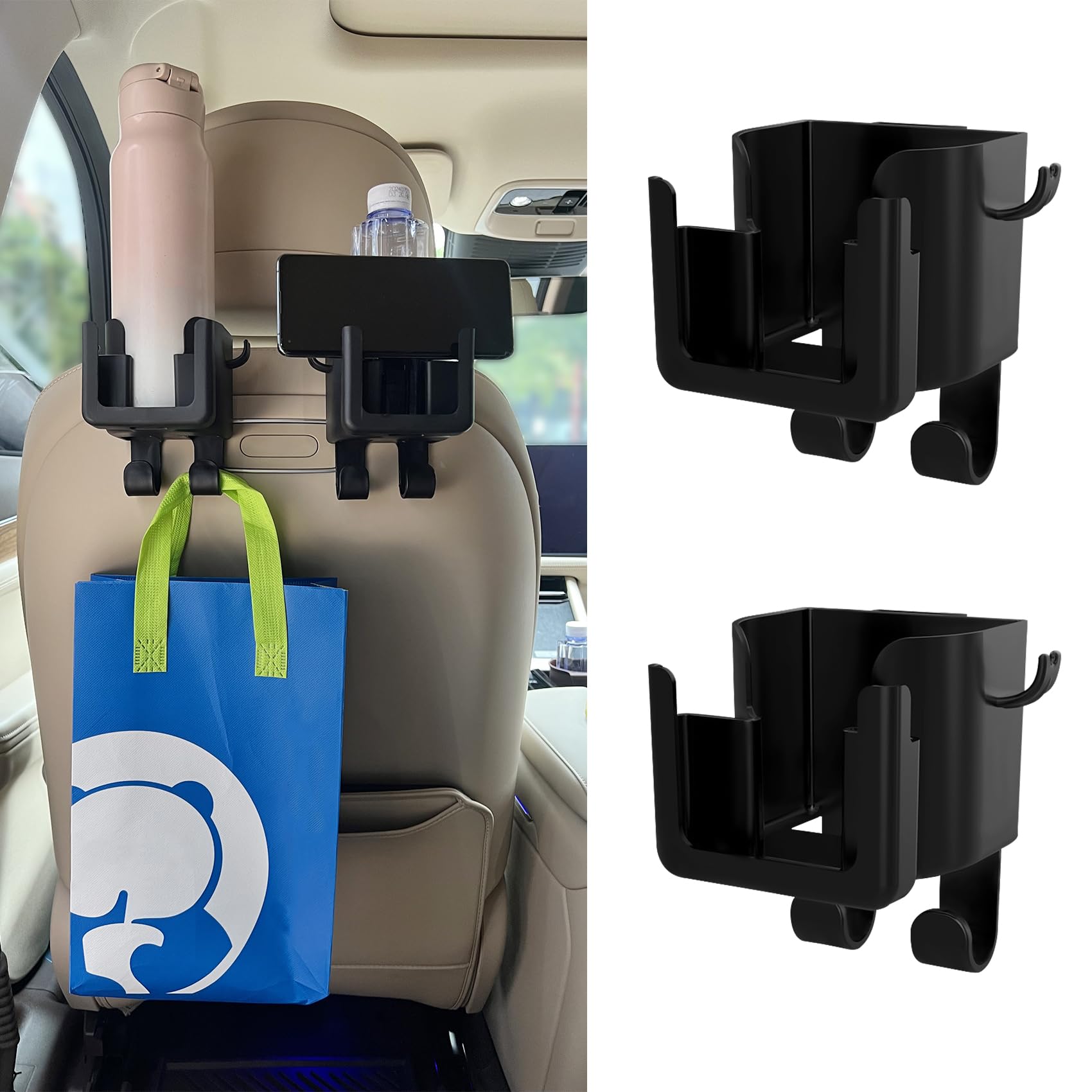 Car Hook - Car Organizer - Car Cup Holder - Car Phone Holder Backseat - Headrest Hooks - Bag Holder - Clothes Hanger - Car Accessories Interior - Car Gadgets - Storage - Travel Accessories - Multifunctional - Black - 2 Pieces - Image 1
