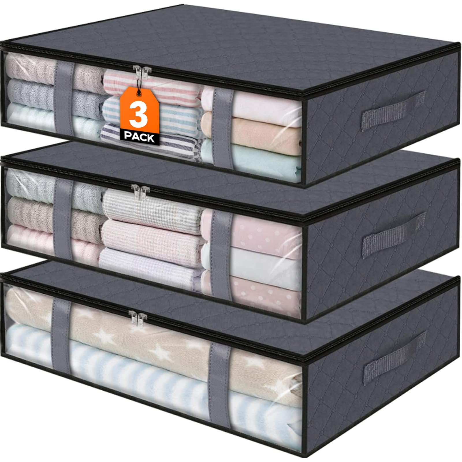 Clothing Storage Bag - Underbed Storage Box - Wardrobe Organizer - Duvet Storage Bag - Large Textile Storage Box - Foldable Storage Bags - Bedding Basket - Clothing Storage - Pillow Bag - Underbed Box Fabric - Storage - Gray - 3 Pieces - Image 1