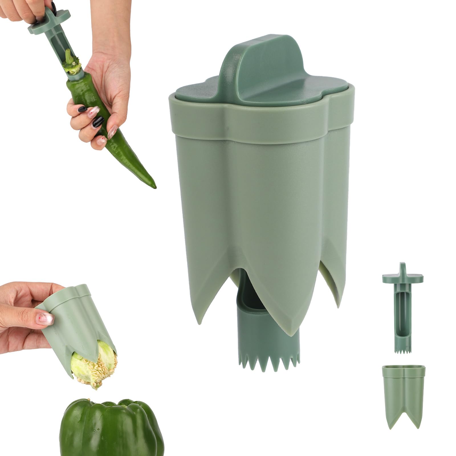 Bell Pepper Pitter - Jalapeño Pepper Drill - Chili Pepper Core Remover - Universal Vegetable Cutter - Kitchen Utensils - Bell Pepper Drill - Seed Remover - Handy Kitchen Aid - Fruit and Vegetable Tool - Kitchen Accessories - Green - 2 Pieces - Image 1