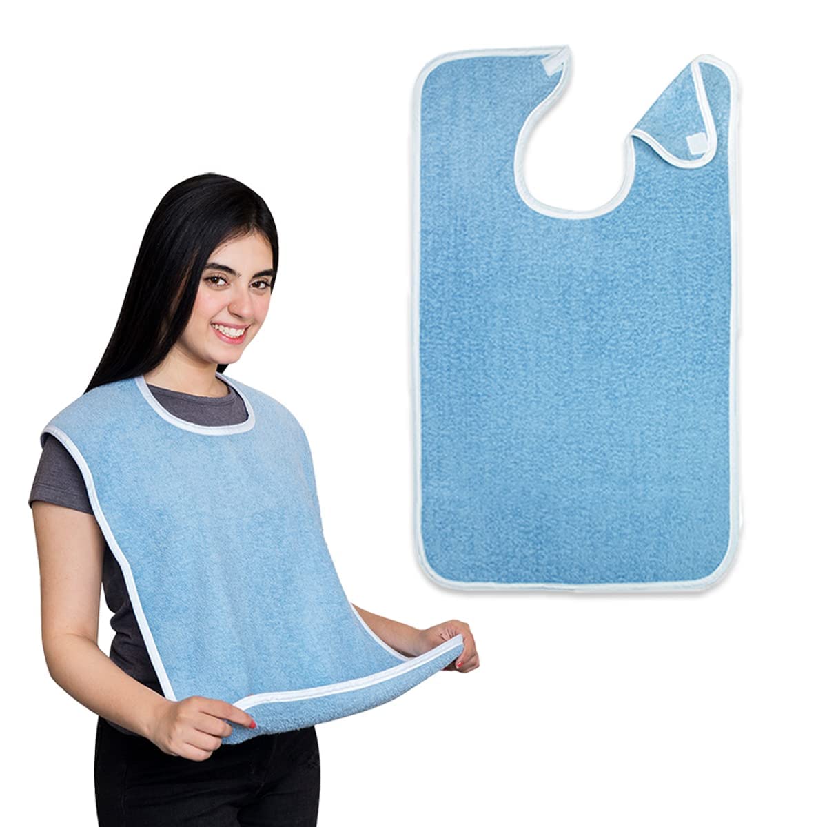 Adult Bib - Clothing Protector - Senior Eating Apron - Large Bib - Terrycloth Eating Bib - Washable Clothing Protector - Eating and Drinking Aids - Waterproof Lining - Neck Closure - Reusable - Blue - Pack of 2 - Image 1