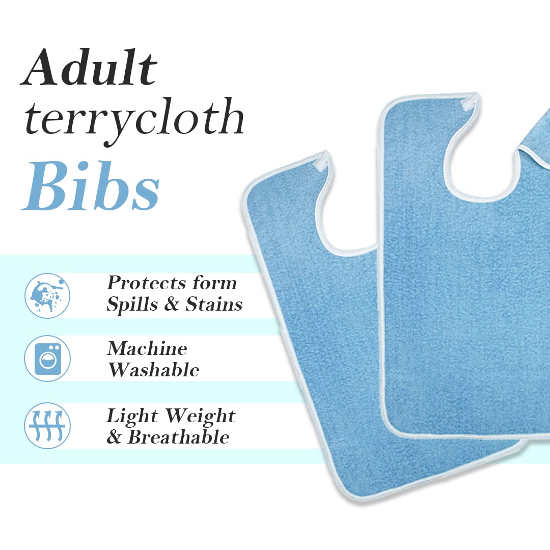 Adult Bib - Clothing Protector - Senior Eating Apron - Large Bib - Terrycloth Eating Bib - Washable Clothing Protector - Eating and Drinking Aids - Waterproof Lining - Neck Closure - Reusable - Blue - Pack of 2 - Image 5
