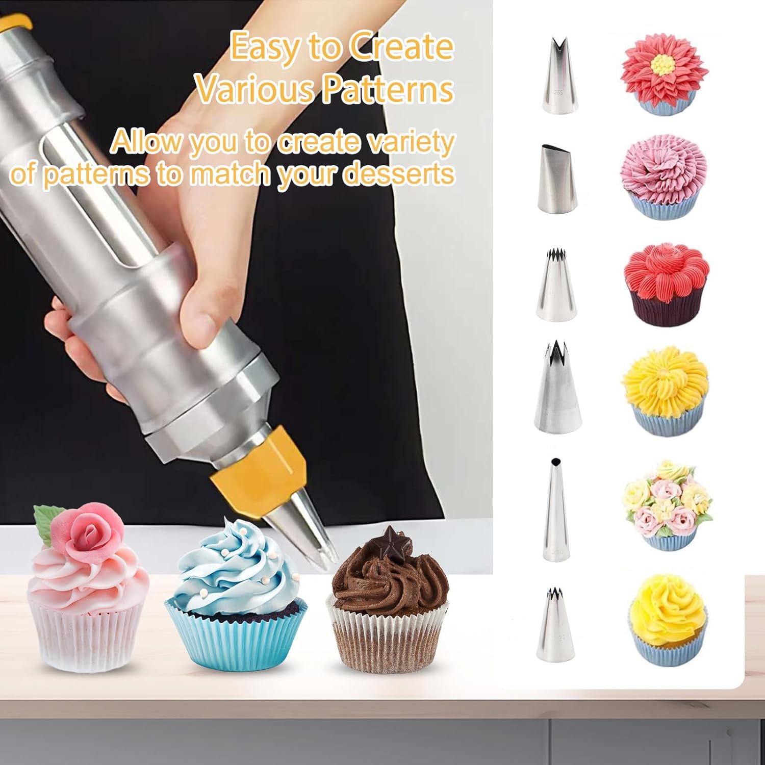 Whipped Cream Maker - Garnishing Syringe - Nozzle Set - Cake Decorating - Stainless Steel Nozzles - Cookie Press - Cupcake Decorating - Baking Tools - Professional Piping Bag Alternative - Kitchen Utensils - Baking Supplies - Silver - 1 Piece - Image 3