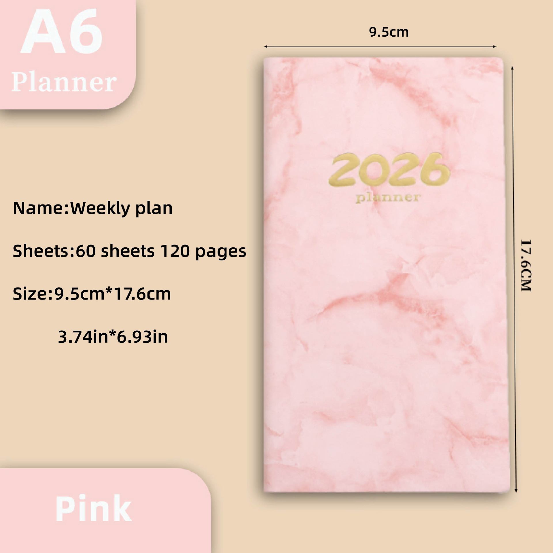 Pocket diary 2026 - A6 diary - Weekly planner - Yearly planner - Organizer - Planner book - 2026 diary for women - School diary - Weekly diary - Compact diary - Diary - Planning tool - Small diary - Marble design - Pink - 1 piece - Image 1