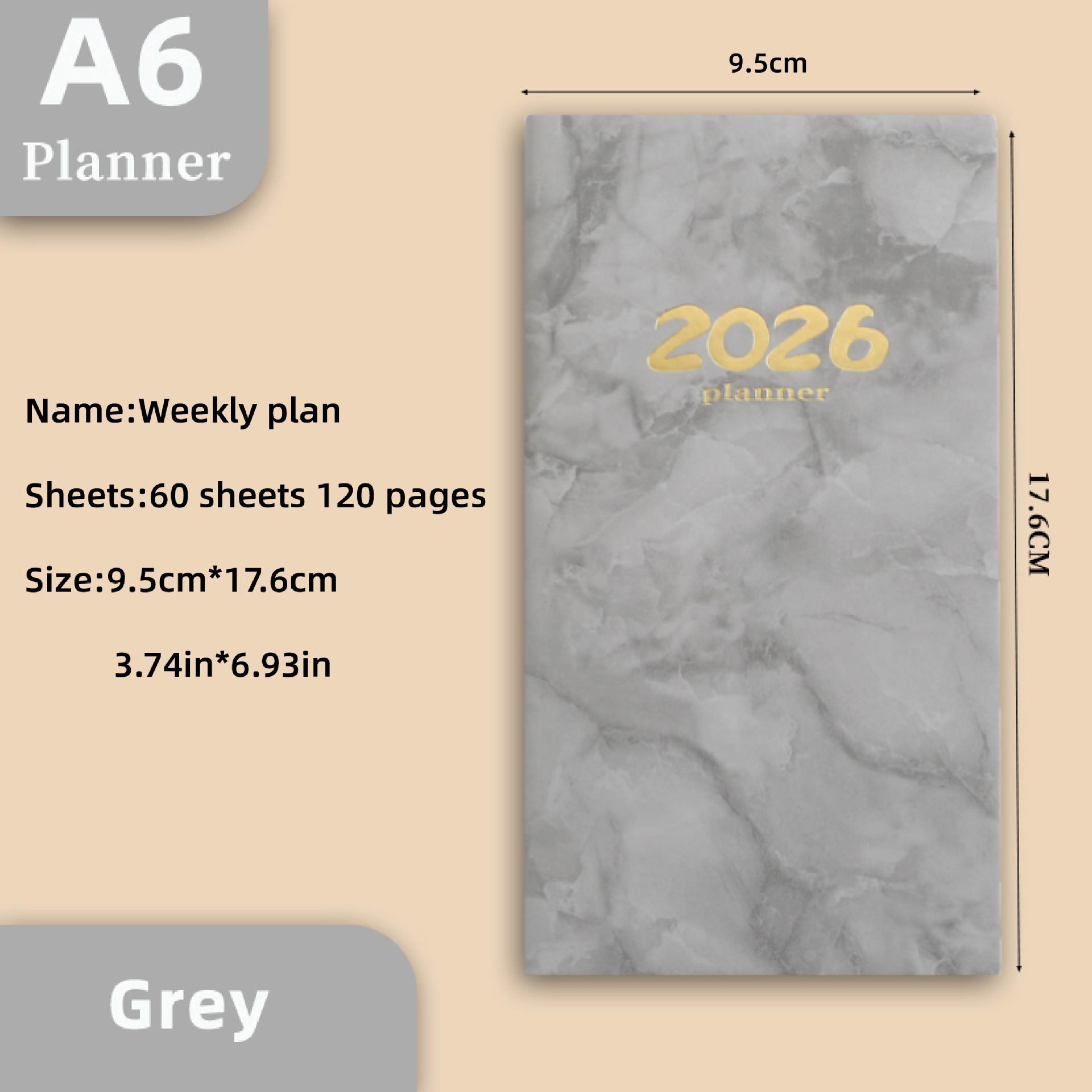 Pocket diary 2026 - A6 diary - Weekly planner - Yearly planner - Organizer - Planner book - 2026 diary for women - School diary - Weekly diary - Compact diary - Diary - Planning tool - Small diary - Marble design - Gray - 1 piece - Image 1