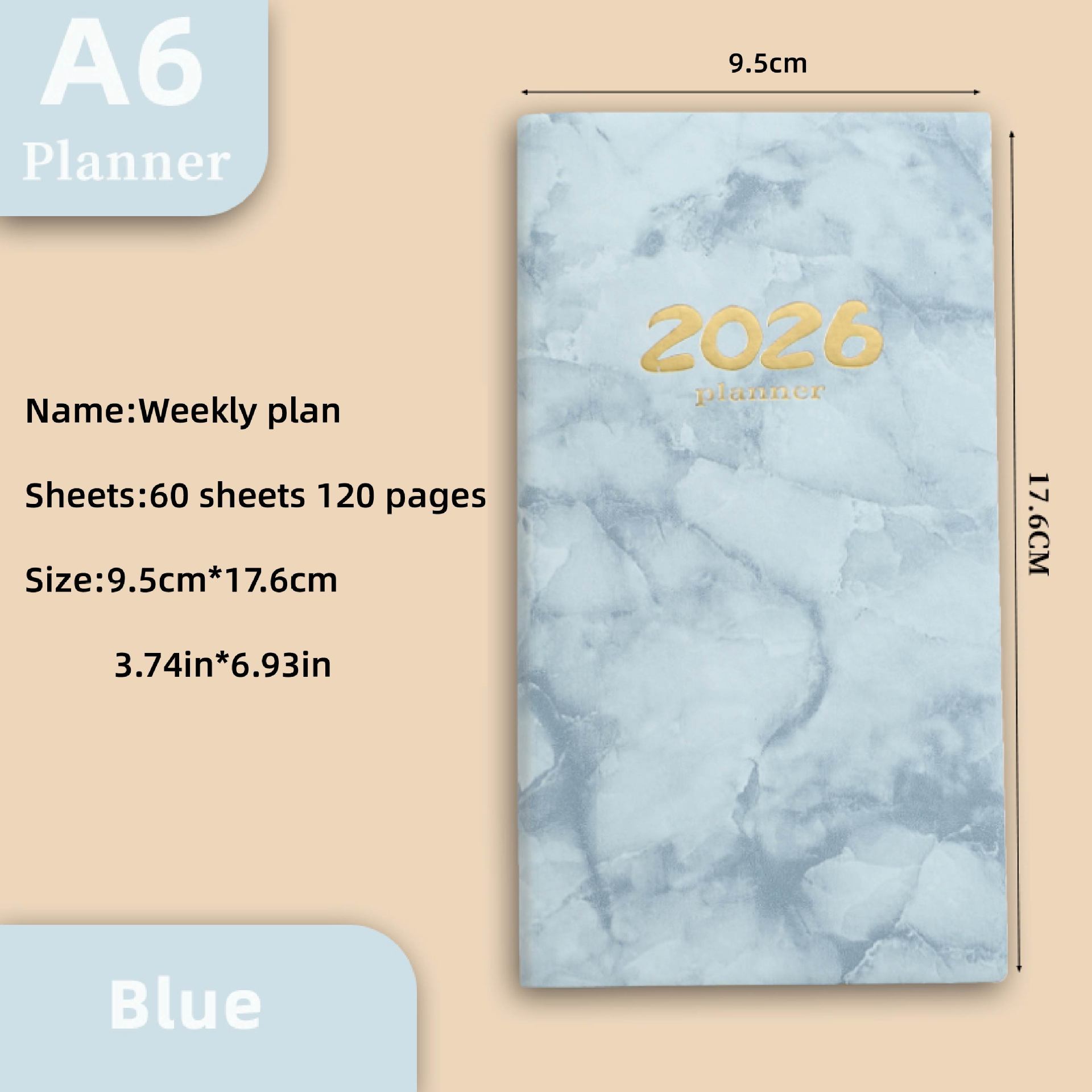 Pocket diary 2026 - A6 diary - Weekly planner - Yearly planner - Organizer - Planner book - 2026 diary for women - School diary - Weekly diary - Compact diary - Diary - Planning tool - Small diary - Marble design - Blue - 1 piece - Image 1