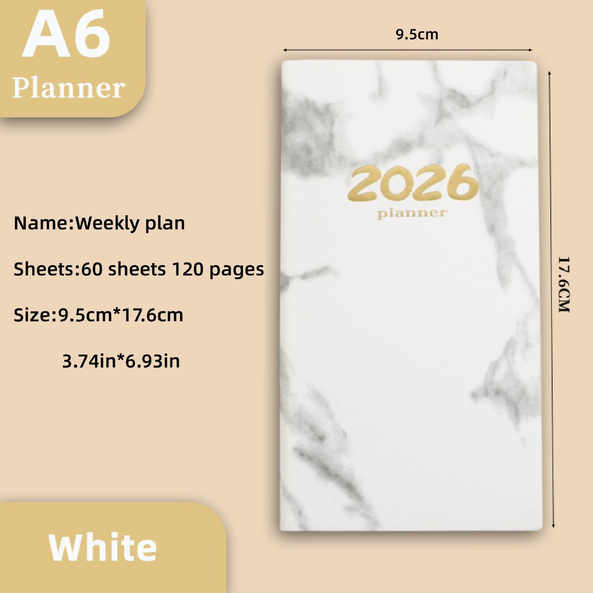 Pocket diary 2026 - A6 diary - Weekly planner - Yearly planner - Organizer - Planner book - 2026 diary for women - School diary - Weekly diary - Compact diary - Diary - Planning tool - Small diary - Marble design - White - 1 piece - Image 1