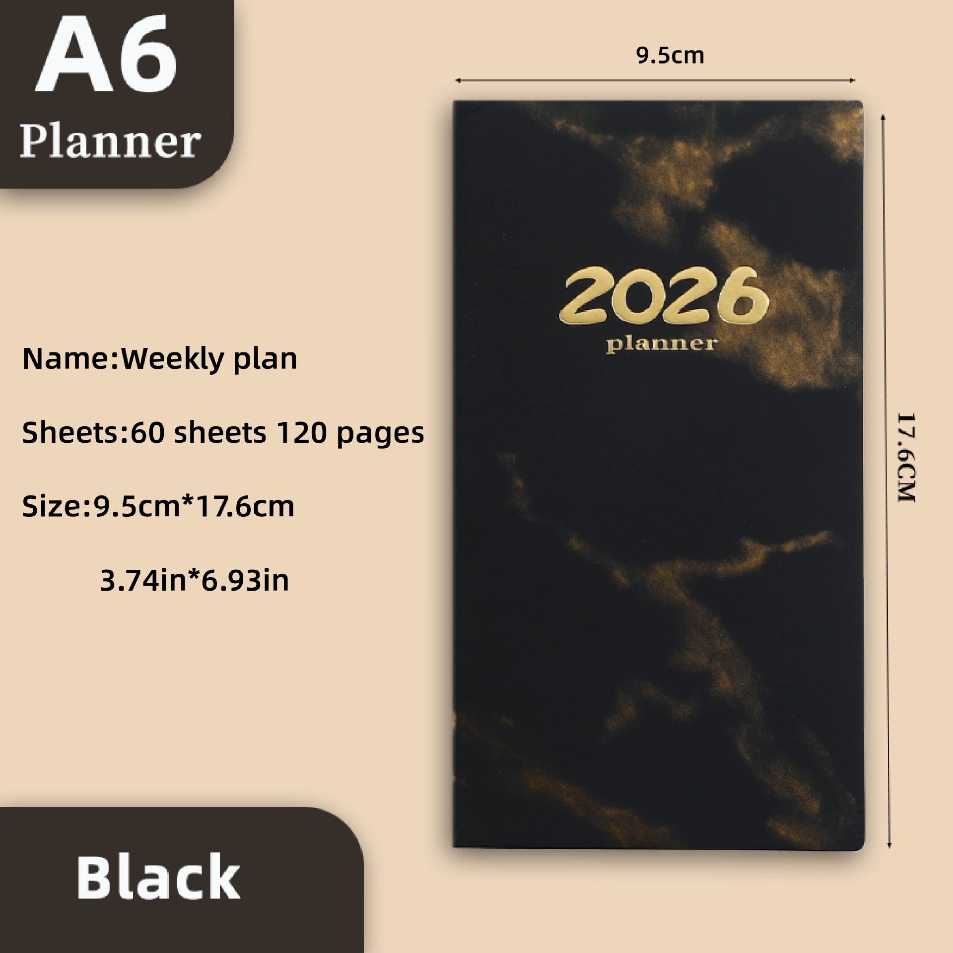 Pocket diary 2026 - A6 diary - Weekly planner - Yearly planner - Organizer - Planner book - 2026 diary for women - School diary - Weekly diary - Compact diary - Diary - Planning tool - Small diary - Marble design - Black - 1 piece - Image 1