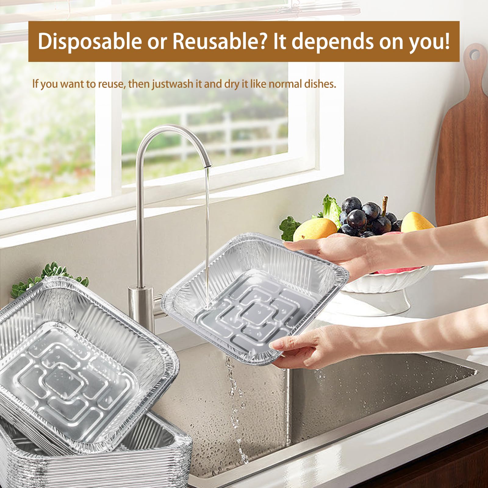 Aluminum Trays - Square Oven Dishes - Air Fryer Trays - Aluminum Bowls - Disposable Trays - BBQ Trays - Grill Accessories - Lasagna Dishes - Small Baking Pans - Heat Resistant - Food Containers - Catering - Greaseproof - Sturdy - Silver - 50 Pieces - Image 8