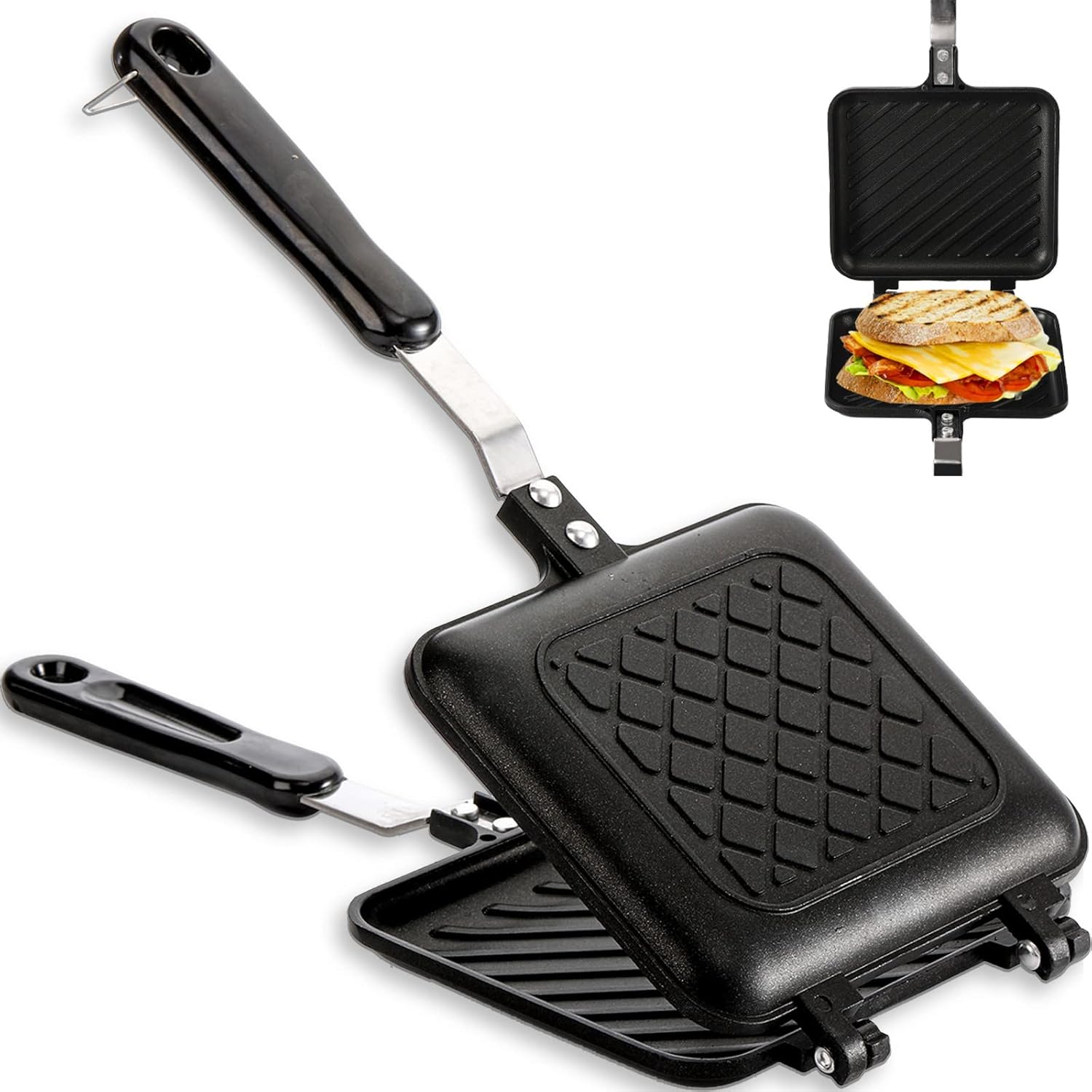 Sandwich Iron - Sandwich Maker - Grill Pan - Camping Sandwich Iron - Panini Grill - Frying Pan - Gas Stove Pan - Double-Sided Pan - Non-Stick Coating - Sandwich Clamp - Manual Toaster - Toaster - Breakfast Making - Kitchen - Black - 1 Piece - Image 1