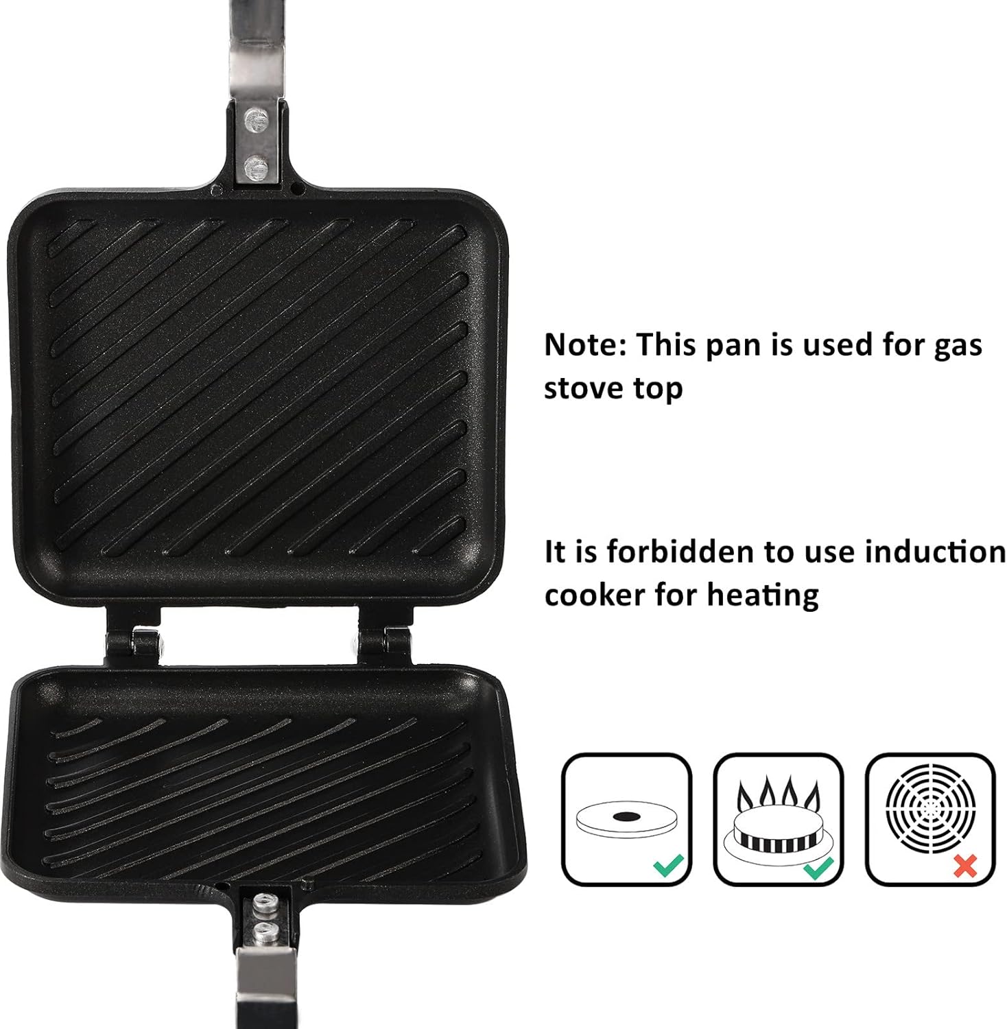 Sandwich Iron - Sandwich Maker - Grill Pan - Camping Sandwich Iron - Panini Grill - Frying Pan - Gas Stove Pan - Double-Sided Pan - Non-Stick Coating - Sandwich Clamp - Manual Toaster - Toaster - Breakfast Making - Kitchen - Black - 1 Piece - Image 3