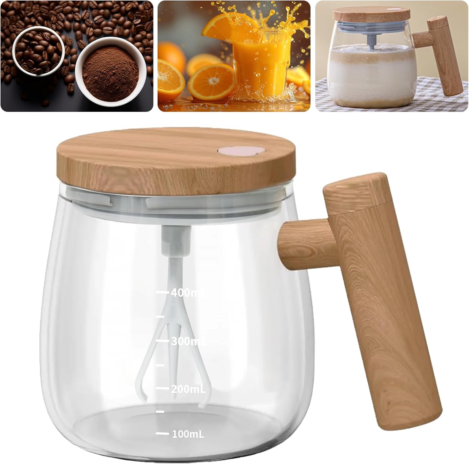 Self-Stirring Mug - Coffee Mug - Mixing Cup - Electric Mixing Cup - Automatic Stirring Cup - Milk Frother - Drink Mixer - Magnetic Cup - Shaker - Kitchen Gadgets - Coffee Accessories - Glass - Wood Design - Brown - 1 piece - Image 1
