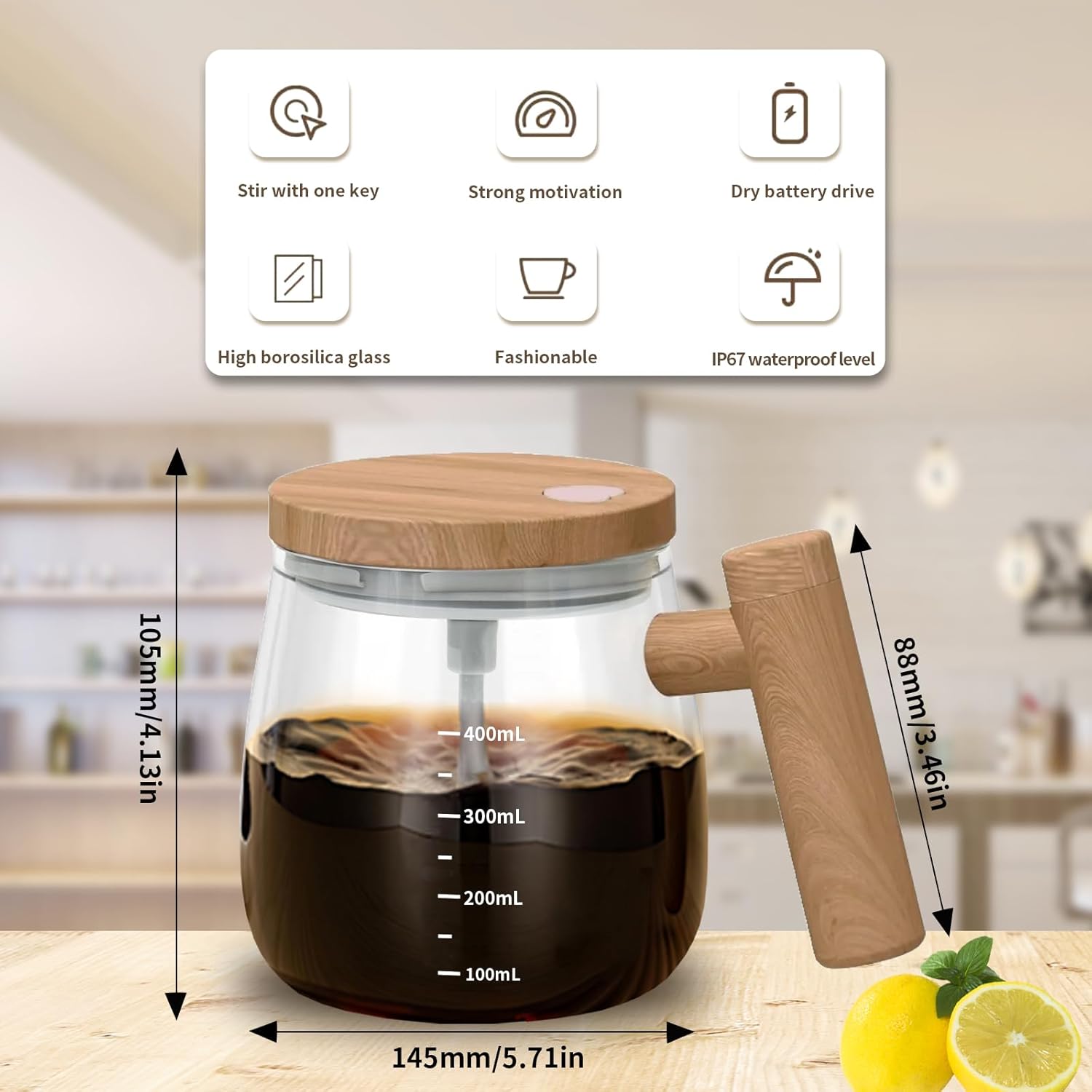 Self-Stirring Mug - Coffee Mug - Mixing Cup - Electric Mixing Cup - Automatic Stirring Cup - Milk Frother - Drink Mixer - Magnetic Cup - Shaker - Kitchen Gadgets - Coffee Accessories - Glass - Wood Design - Brown - 1 piece - Image 2