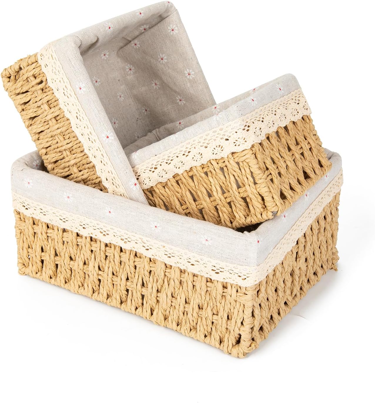 Storage Basket - Basket Set - Wicker Basket - Woven Basket - Cabinet Basket - Bathroom Basket - Storage Box - Drawer Organizer - Living Room - Bedroom - Bathroom Accessories - With Fabric Lining - Floral Print - Country Style - 3 Sizes - Natural - 3 Piece - Image 1