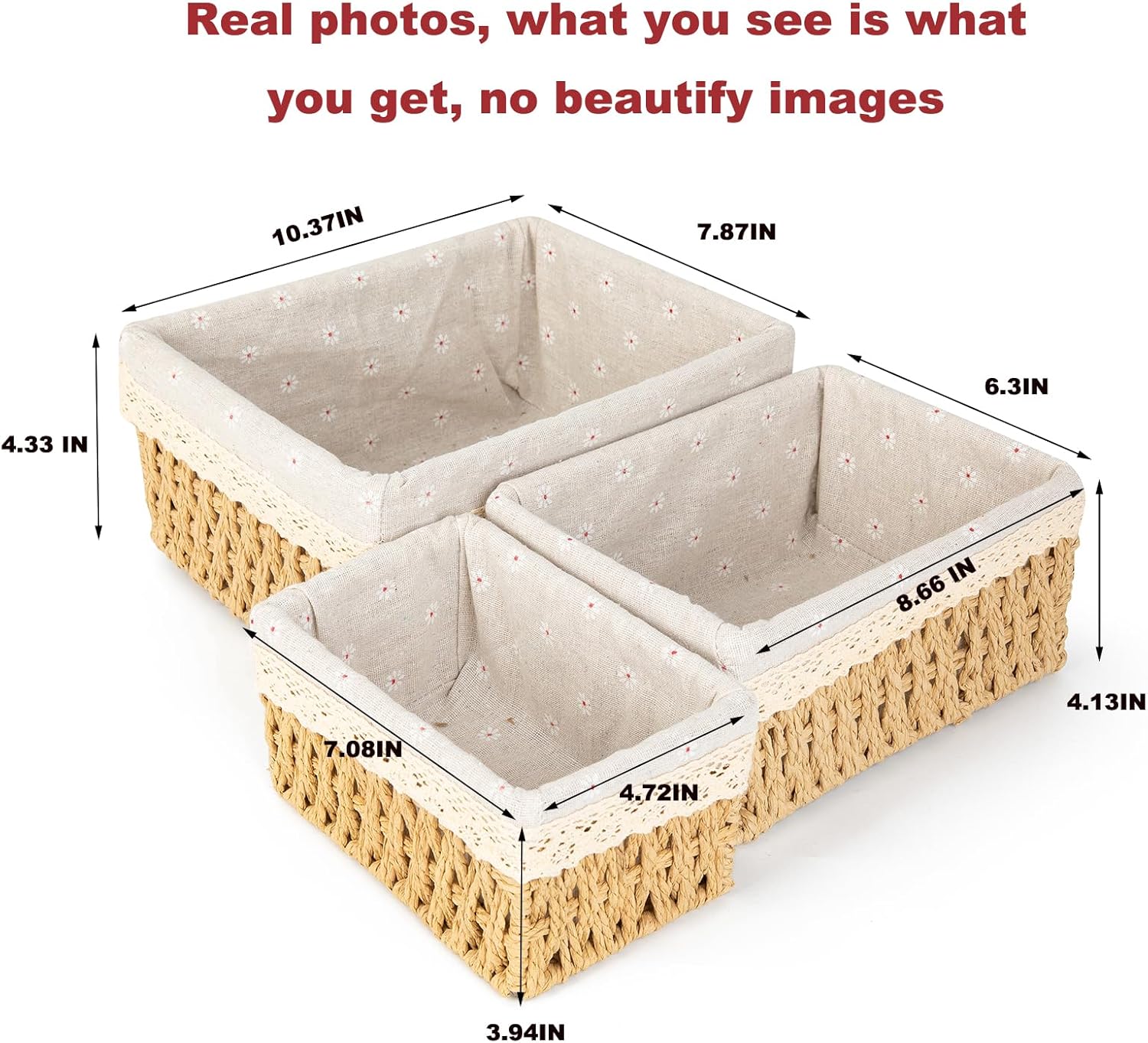 Storage Basket - Basket Set - Wicker Basket - Woven Basket - Cabinet Basket - Bathroom Basket - Storage Box - Drawer Organizer - Living Room - Bedroom - Bathroom Accessories - With Fabric Lining - Floral Print - Country Style - 3 Sizes - Natural - 3 Piece - Image 8