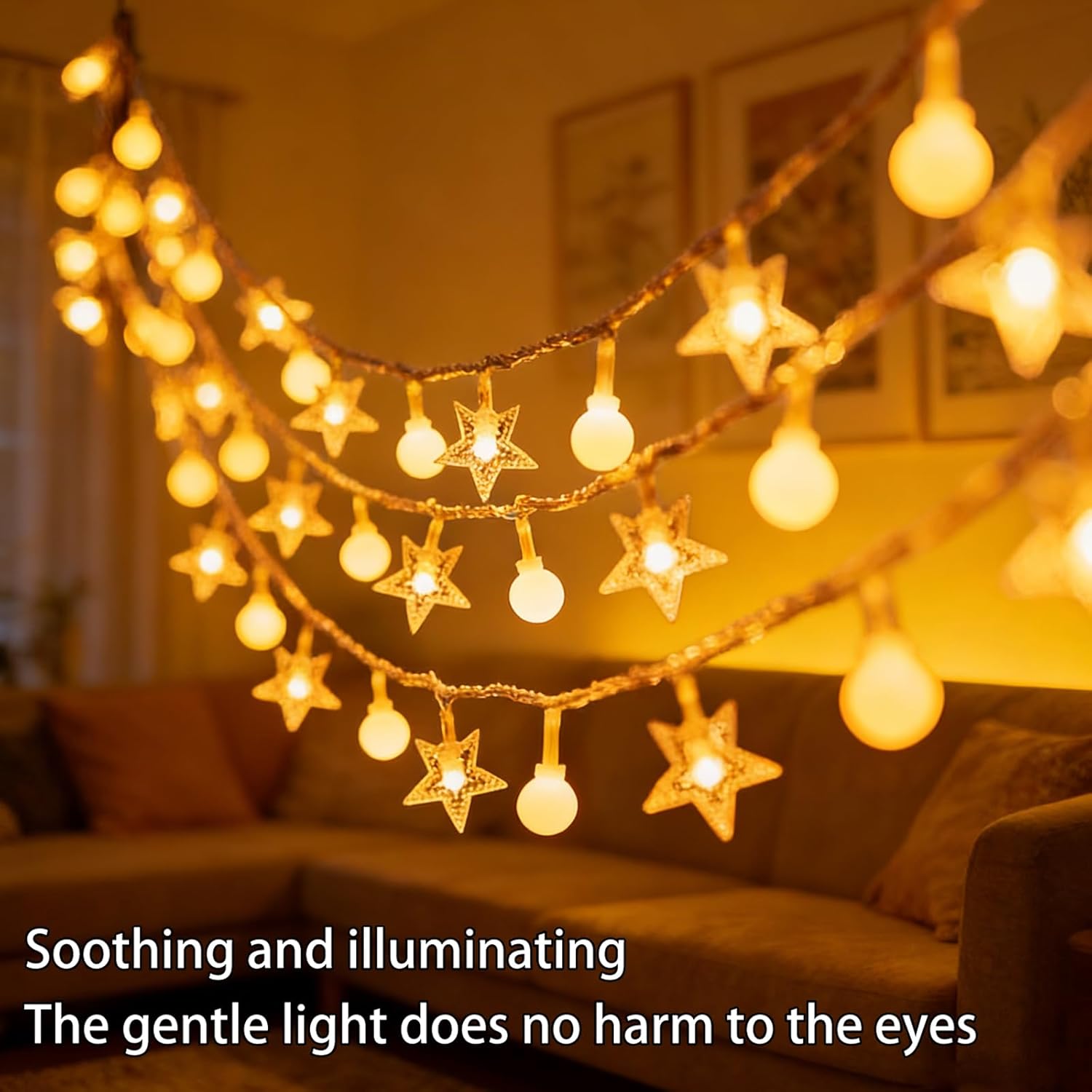 Fairy Lights - Mood Lighting - Indoor Christmas Lights - Fairy Lights - Stars and Bulbs - Party Lights - Living Room Decoration - Bedroom - Battery Operated - LED Lighting - Christmas Lights - 3 Meters - 20 Lights - Warm White - 1 Piece - Image 4