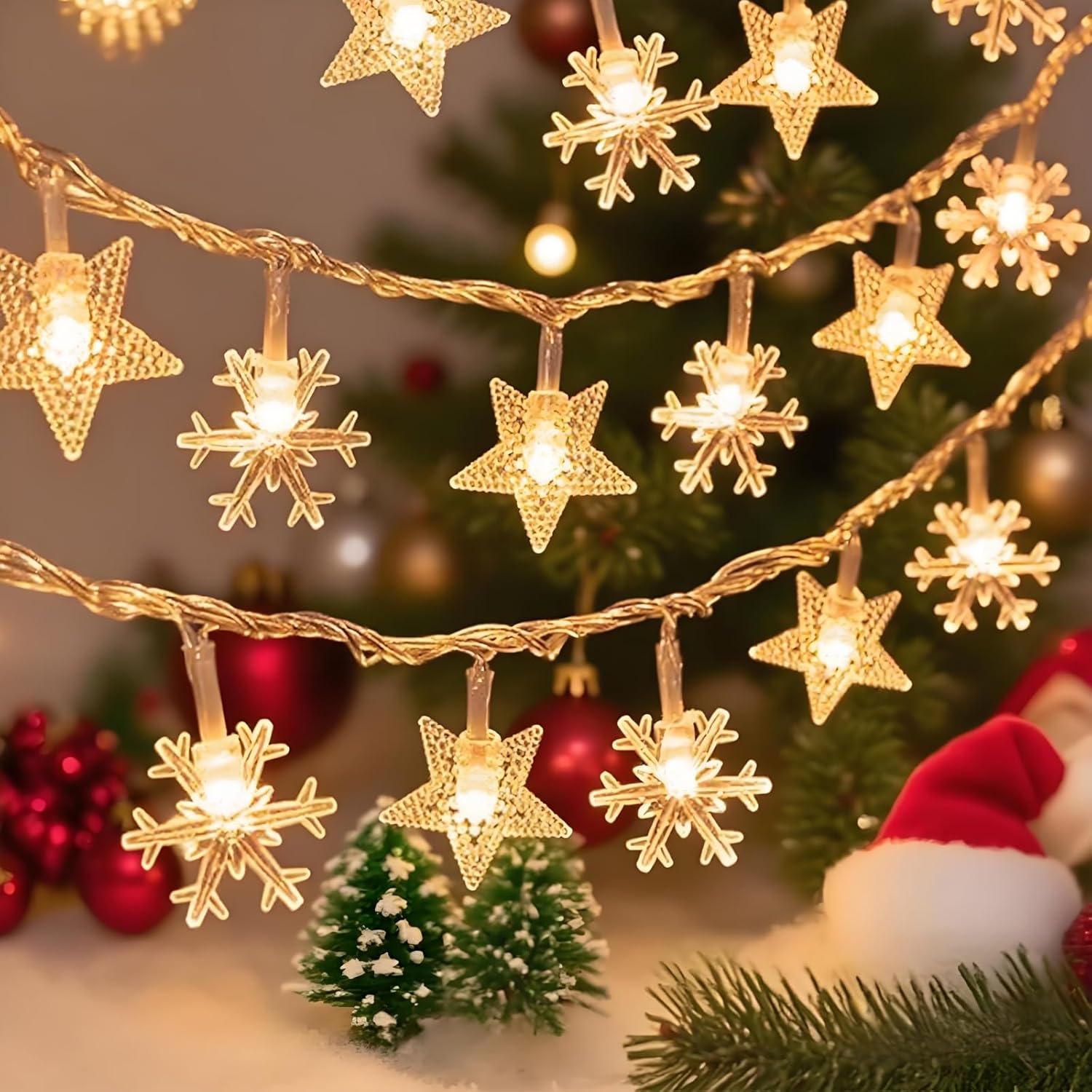 Indoor Christmas Lights - Star and Snowflake Light String - Christmas Decorations - Christmas Lights - Christmas Tree Lights - Living Room Mood Lighting - LED Lights - Window Decoration - Party Lights - Warm White - 1 Piece - Image 1