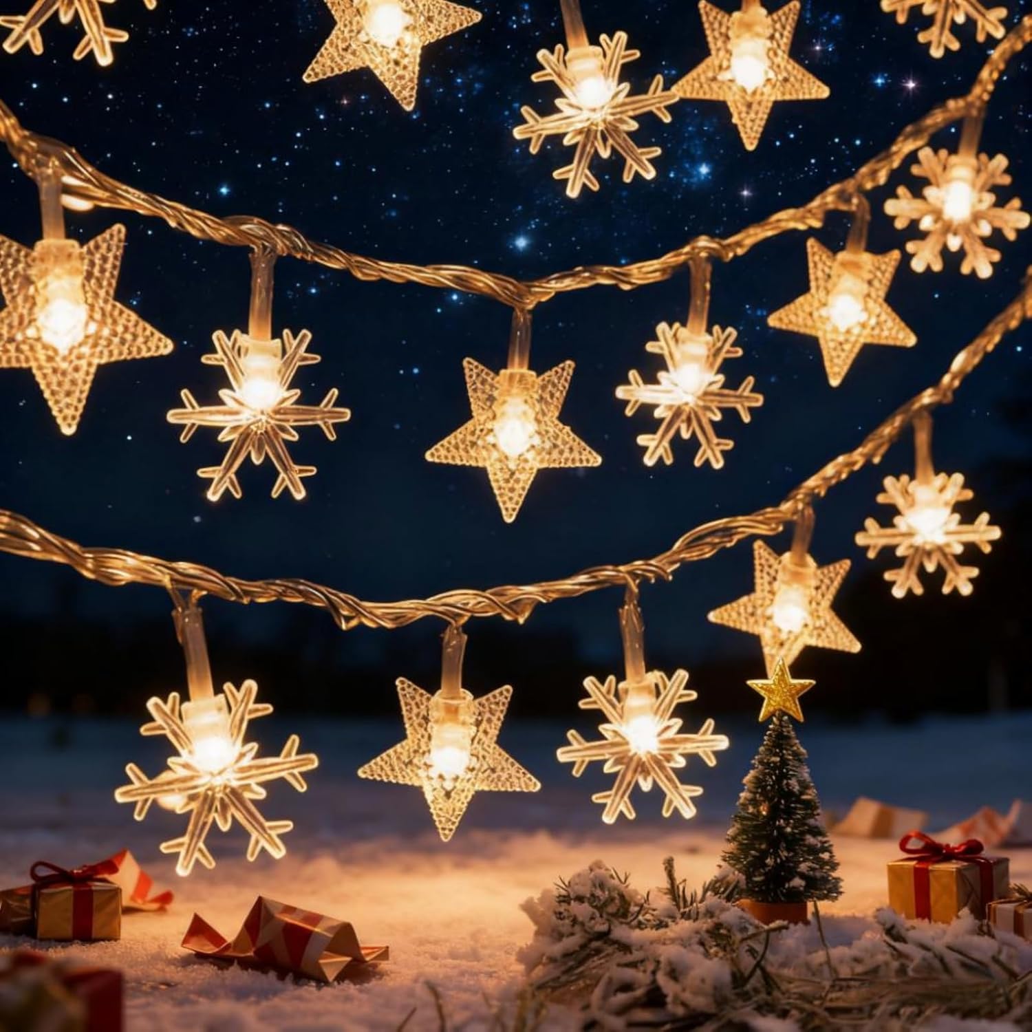 Indoor Christmas Lights - Star and Snowflake Light String - Christmas Decorations - Christmas Lights - Christmas Tree Lights - Living Room Mood Lighting - LED Lights - Window Decoration - Party Lights - Warm White - 1 Piece - Image 3