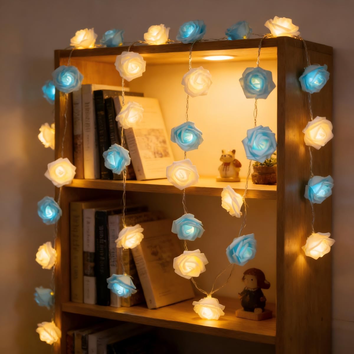 Rose Fairy Lights - Indoor Mood Lighting - Bedroom Decoration - LED Lights - Artificial Flowers - Window Decoration - Home Accessories - Fairy Lights - Wedding Decoration - Party Lighting - Blue and White - 1 Piece - Image 1