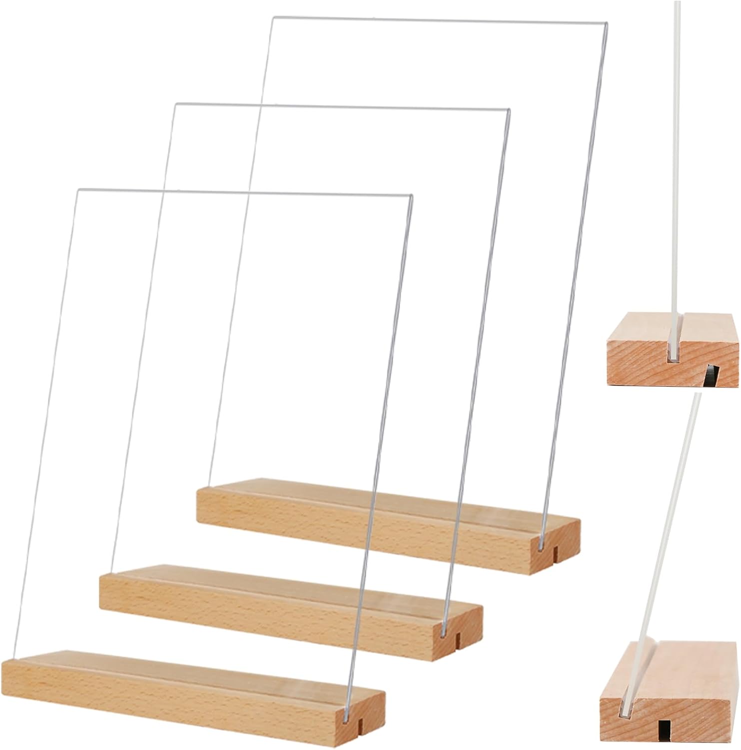 Menu Card Holder A4 - Photo Frame with Wooden Base - Table Stand - Brochure Holder - Acrylic Stand - Hospitality - Office - Wedding Decoration - Information Holder - Double Slot - Straight and Angled - Transparent and Wood - 3 Pieces - Image 1