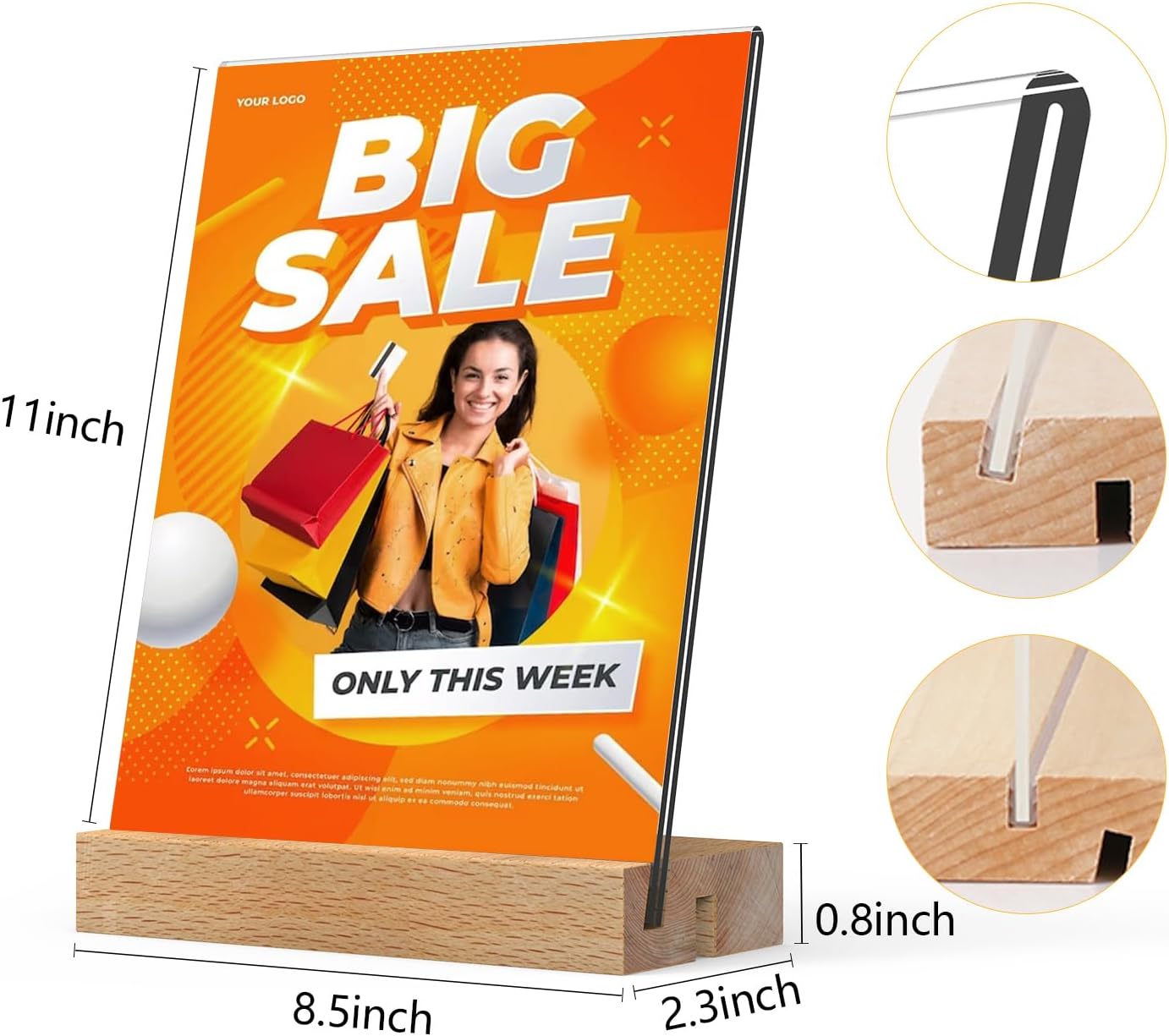 Menu Card Holder A4 - Photo Frame with Wooden Base - Table Stand - Brochure Holder - Acrylic Stand - Hospitality - Office - Wedding Decoration - Information Holder - Double Slot - Straight and Angled - Transparent and Wood - 3 Pieces - Image 2