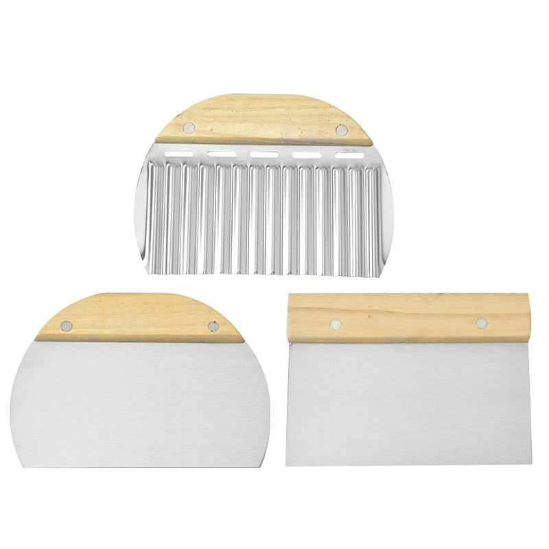 Dough Scraper - Dough Cutter - Ribbed Knife - Dough Cutter - Baking Utensils - Potato Cutter - Golf Knife - Baker's Knife - Pizza Cutter - Dough Knife - Kitchen Aid - Baking Utensils - Vegetable Cutter - Pizza Knife - Silver and Wood - 3 Pieces - Image 1