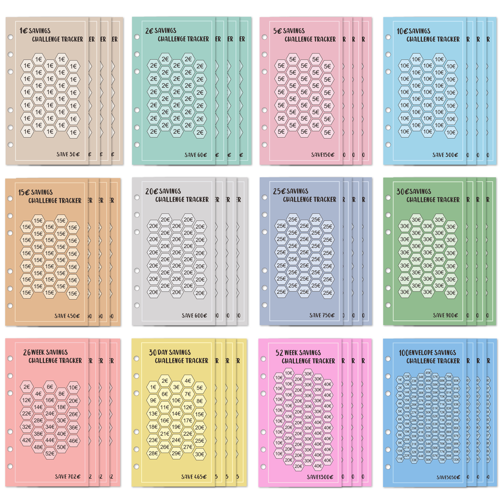 Savings Challenge - Budget Binder Refill A6 - Savings Challenge Tracker - Cash Stuffing Envelopes - Save Money - Financial Planner - Cash Book - Budget Planner - Euro Currency - Money Organizer - Goal Savings - Mix Colors - 48 Pieces - Image 1