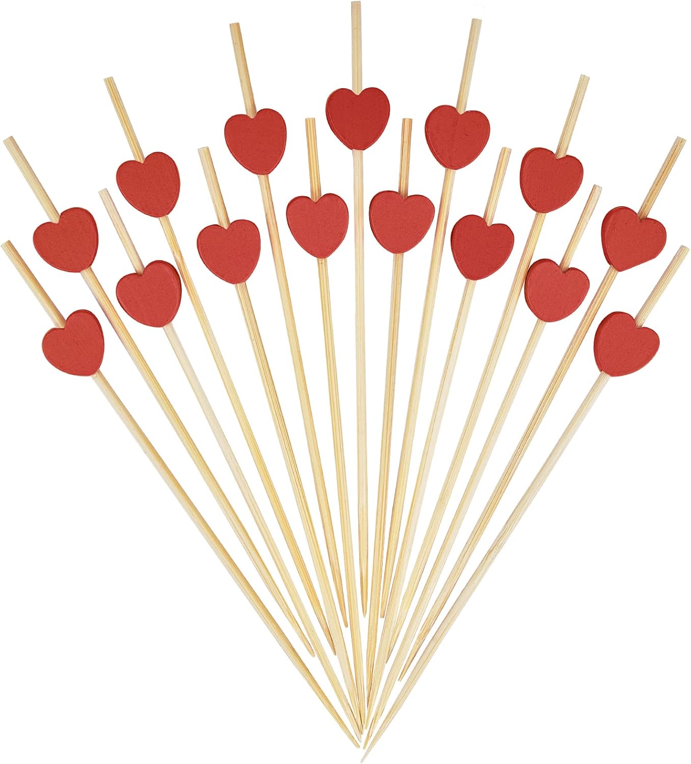 Cocktail sticks - Satay sticks - Tapas sticks - Hearts - Party supplies - Snacks - Valentine's Day - Wedding - Love - Decoration - Snacks - High Tea - Treat - Buffet - Cheese sticks - Wood - Bamboo - 12 cm - Red - 100 Pieces - Image 1