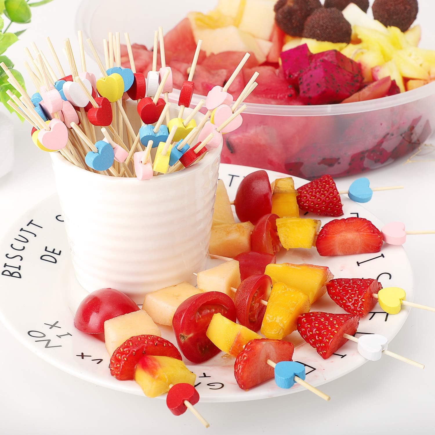 Cocktail sticks - Satay sticks - Tapas sticks - Hearts - Party supplies - Snacks - Valentine's Day - Wedding - Love - Decoration - Snacks - High Tea - Treat - Buffet - Cheese sticks - Wood - Bamboo - 12 cm - Red - 100 Pieces - Image 7
