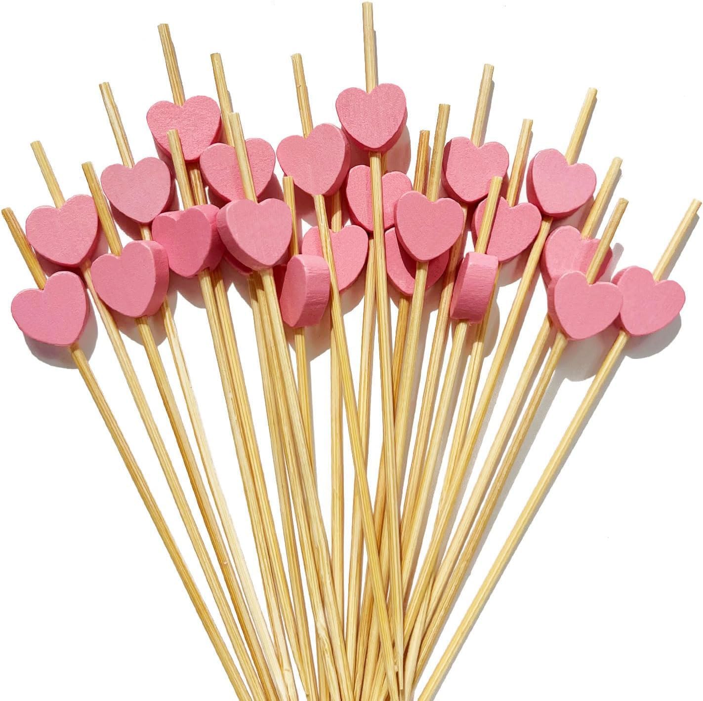 Cocktail sticks - Satay sticks - Tapas sticks - Hearts - Party supplies - Snacks - Baby shower - Baby shower - Gender reveal - Birthday - Decoration - Snacks - Treat - Buffet - Wood - Bamboo - 12 cm - Pink - 100 pieces - Image 1