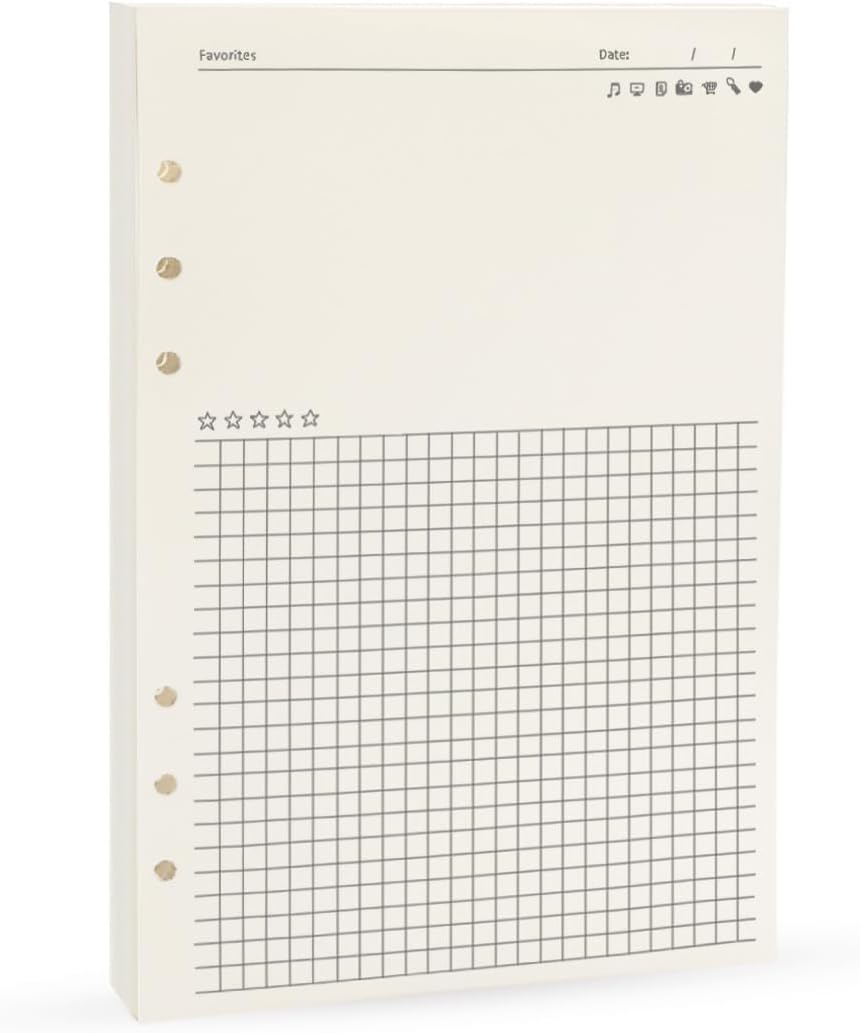 Notebook Refill A5 - Ring Binder Paper 6 Holes - Agenda Refill - Bullet Journal Paper - Refillable Notepad - Writing Paper - Planner Inserts - Office Supplies - School Supplies - Review Page -Favorites List - White - 5 Pieces - Image 1