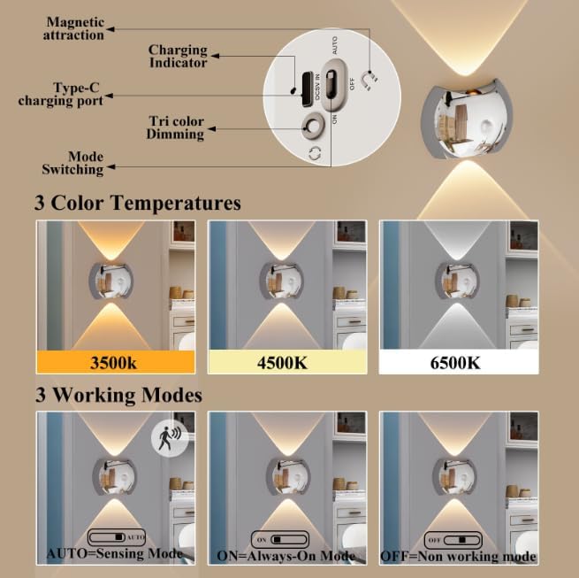 Indoor Wall Lamp - Night Light with Motion Sensor - Wireless LED Wall Light - Rechargeable Wall Lamp - Stair Lighting - Closet Lighting - Bedroom Lamp - USB Rechargeable - Magnetic - Warm White Light - White - 1 Piece - Image 7