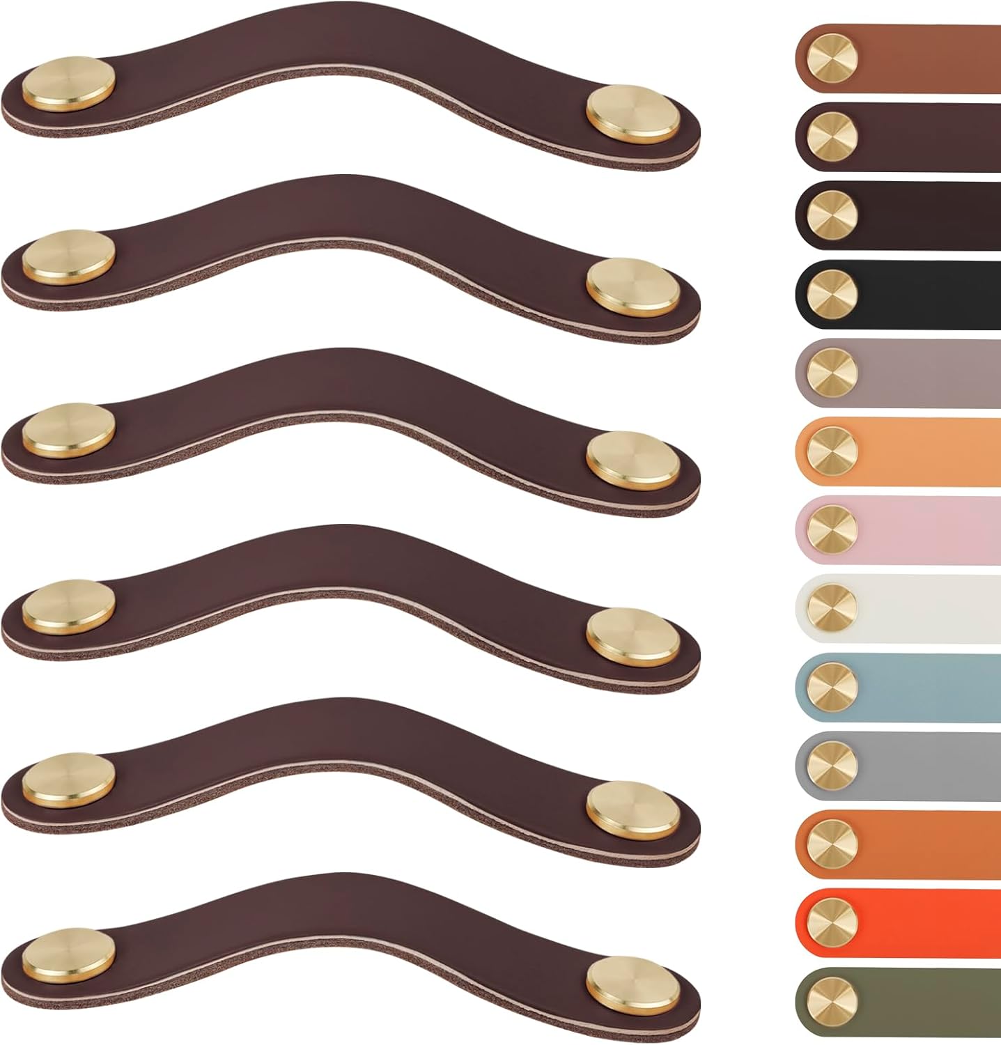 Leather Handles - Furniture Handles - Kitchen Handles - Door Handles - Cabinet Handles - Drawer Knobs - Furniture Hardware - Kitchen Hardware - Handles - Leather - Leather - Kitchen Renovation - Industrial - Brass - Pitch 128mm - Handles - Cognac - Set of - Image 1