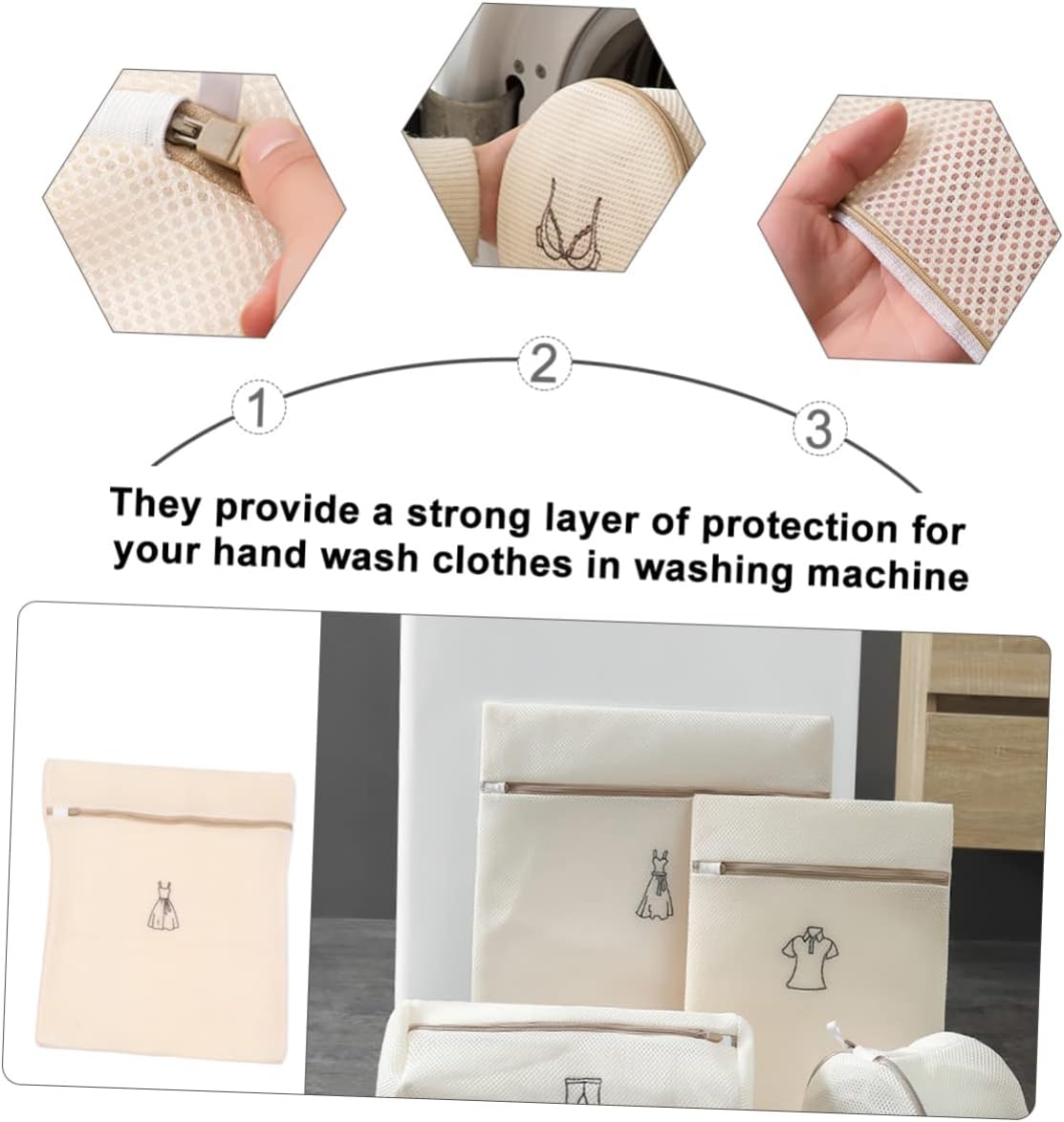 Laundry Bags - Laundry Bag Set - Laundry Net - Laundry Nets - Bra Wash Bag - Lingerie Wash Bag - Clothing Protection - Washing Machine - Protection - Organizer - Travel Organizer - Mesh - Fine Mesh - Honeycomb - Luxury - Embroidery - Beige - Set of 6 - Image 7
