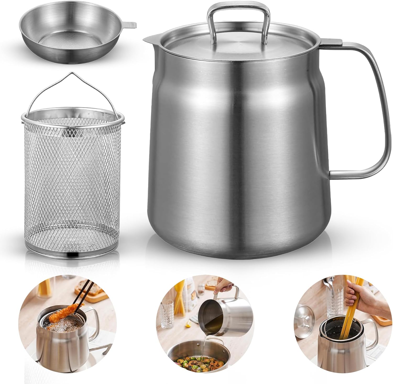 Deep fryer with basket - Stainless steel deep fryer - Kitchen accessories - Oil pan - Induction pan - Deep fryer - Pasta pan - Kitchen utensils - Stainless steel pot - Mini deep fryer - Cooking accessories - Deep fryer - Oil can - Kitchen utensils - 1.5L - Image 1