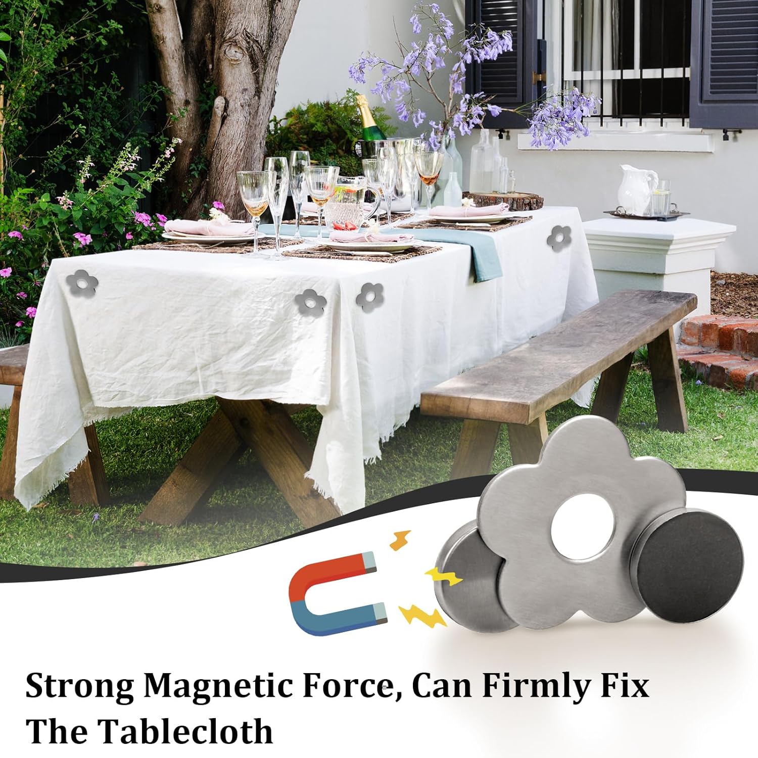 Tablecloth clips - Tablecloth weights - Magnetic clips - Tablecloth holder - Garden accessories - Picnic accessories - Windstopper tablecloth - Table accessories - Outdoor dining - Magnetic weight - Butterfly design - Silver - 8 pieces - Image 5