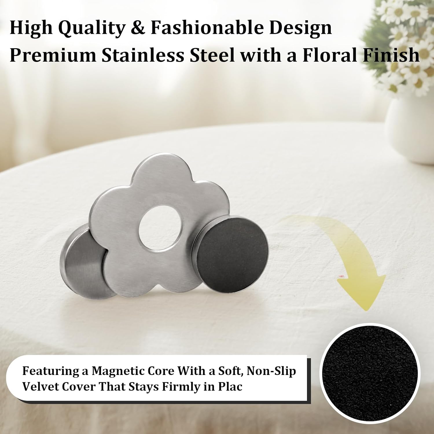 Tablecloth clips - Tablecloth weights - Magnetic clips - Tablecloth holder - Garden accessories - Picnic accessories - Windstopper tablecloth - Table accessories - Outdoor dining - Magnetic weight - Clover design - Silver - 8 pieces - Image 3