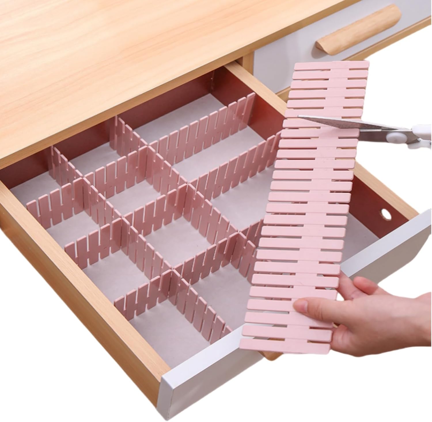 Drawer dividers - Drawer organizer - Storage system - Adjustable drawer divider - Desk organizer - Kitchen drawer organizer - Make-up organizer - Wardrobe organizer - Drawer division - Sock organizer - Underwear organizer - 2mm - 47x7cm - Pink - 8 pieces - Image 1