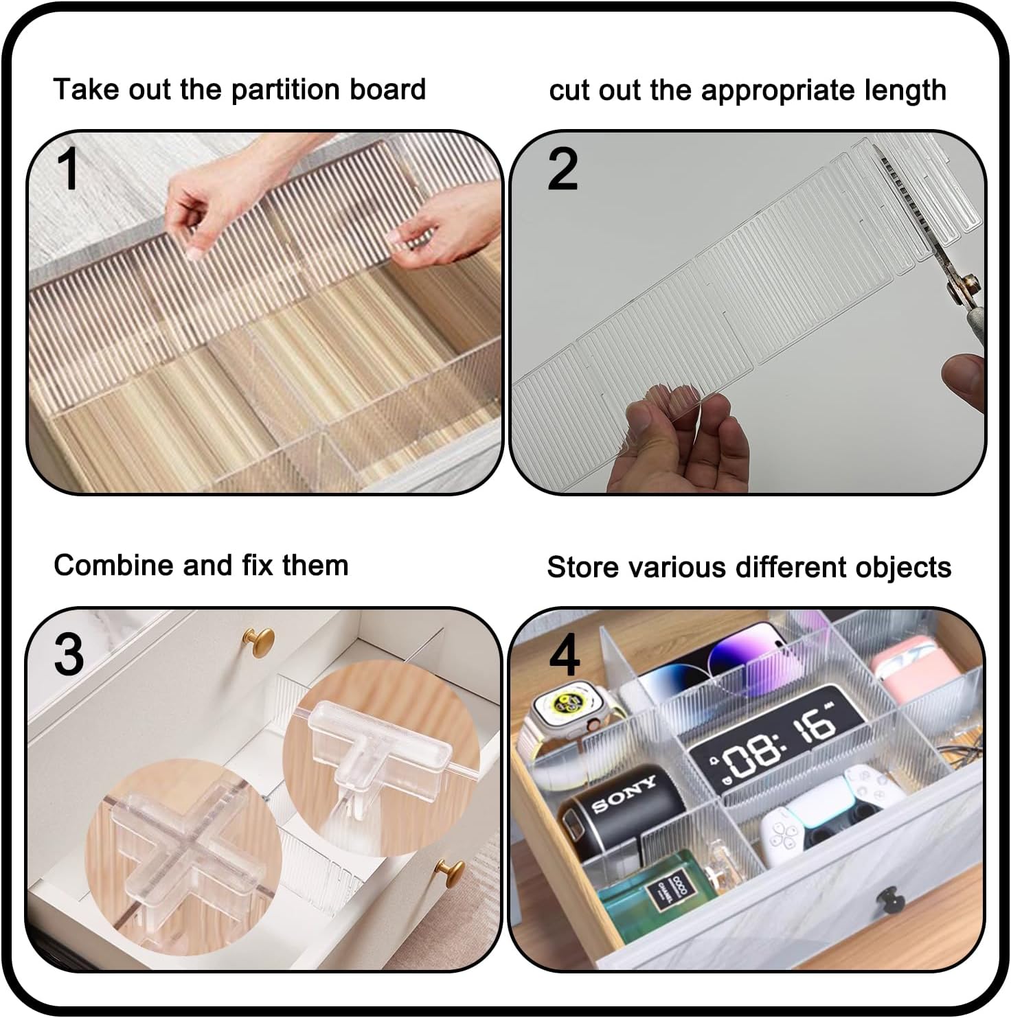 Drawer dividers with clips - Drawer organizer - Storage system - Adjustable drawer divider - Desk organizer - Kitchen drawer organizer - Make-up organizer - Drawer division - Sock organizer - Underwear organizer - Storage box drawer - 2mm - Transparent - - Image 3