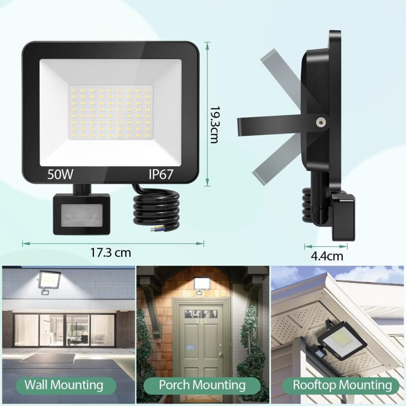 50W LED Floodlight with Motion Sensor IP67 Waterproof 5000LM 7000K Cool White - Image 3