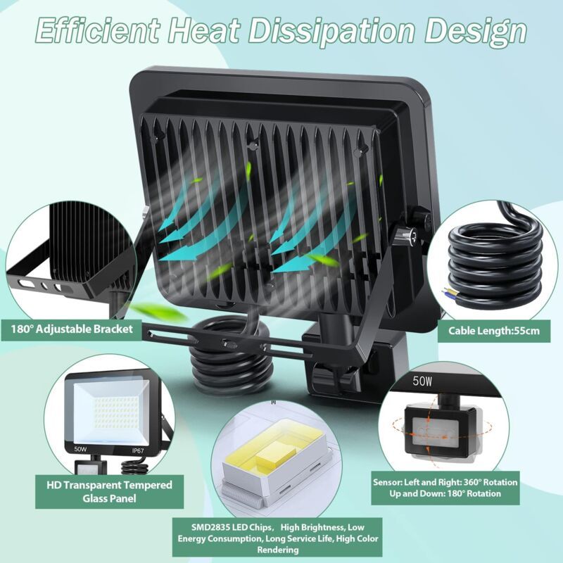 50W LED Floodlight with Motion Sensor IP67 Waterproof 5000LM 7000K Cool White - Image 4