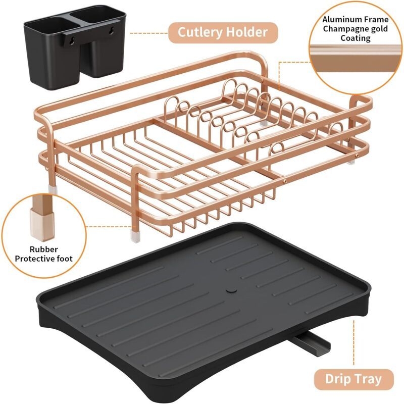 Aluminum Dish Drainer with Removable Tray Champagne Gold, 43 x 31.5 x 11 cm - Image 2