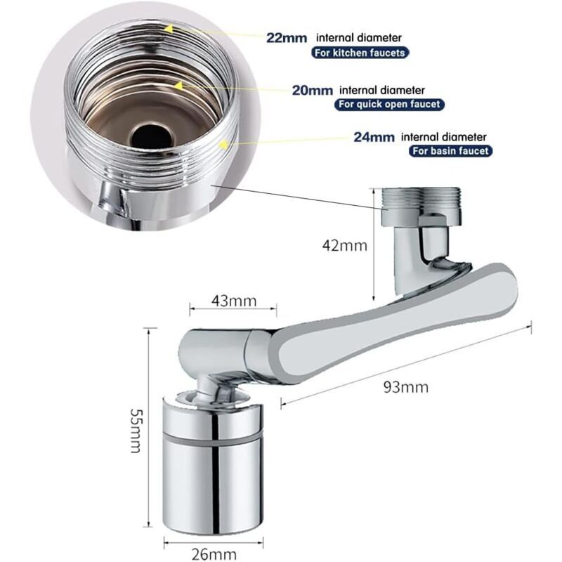 Faucet Aerator 1440 Degree Swivel Extension 2 Water Modes Universal Brass Diffuser, 20 22 24 mm - Image 2
