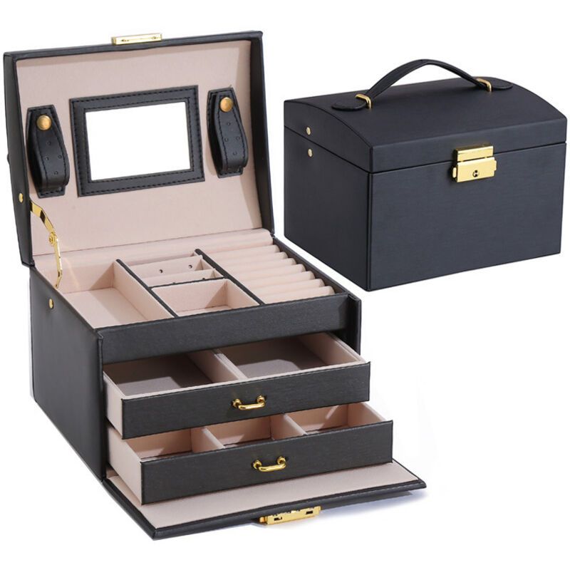 Jewelry Box 3 Layer Faux Leather Makeup Case with 2 Drawers Black - Image 1