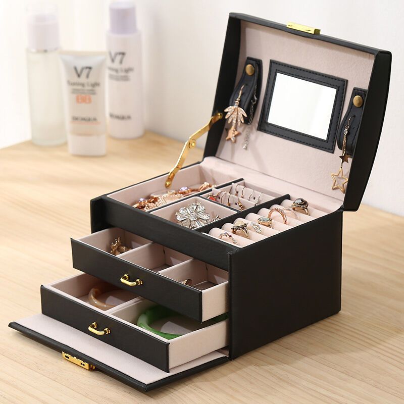 Jewelry Box 3 Layer Faux Leather Makeup Case with 2 Drawers Black - Image 2