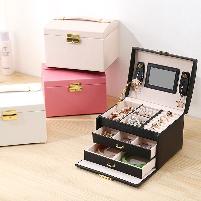 Jewelry Box 3 Layer Faux Leather Makeup Case with 2 Drawers Black - Image 3