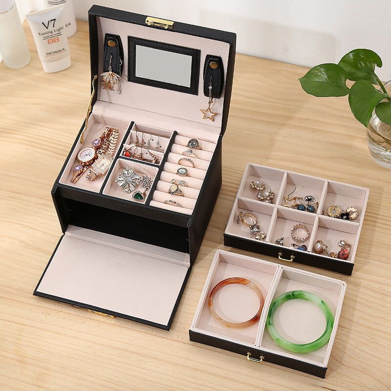 Jewelry Box 3 Layer Faux Leather Makeup Case with 2 Drawers Black - Image 4