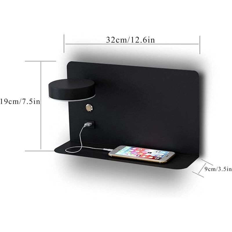 1 Pack Right Side 12W LED Reading Wall Lamp USB Charging 3 CCT Black - Image 2
