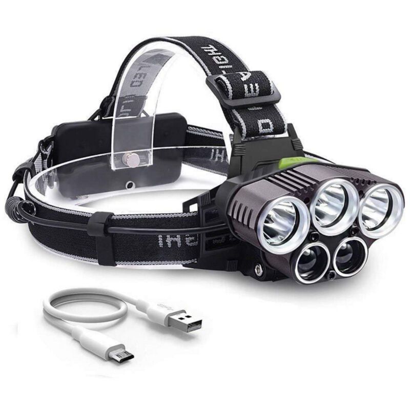 Rechargeable Headlamp 5 LED USB Head Torch 6 Modes Black - Image 1